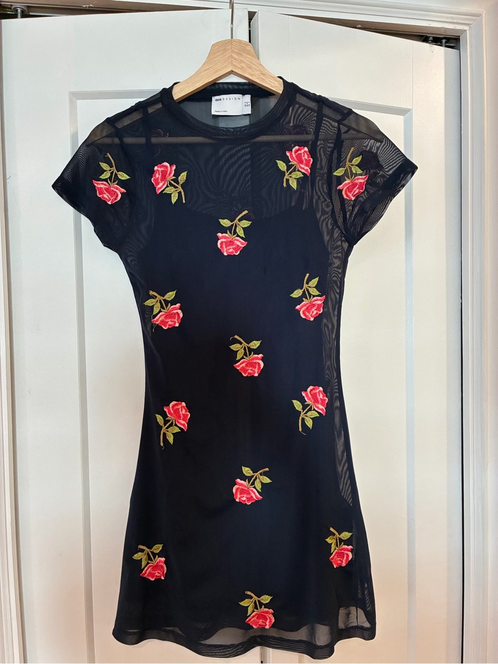 ASOS Petites Navy Mesh Dress with Pink Rose Embroidery